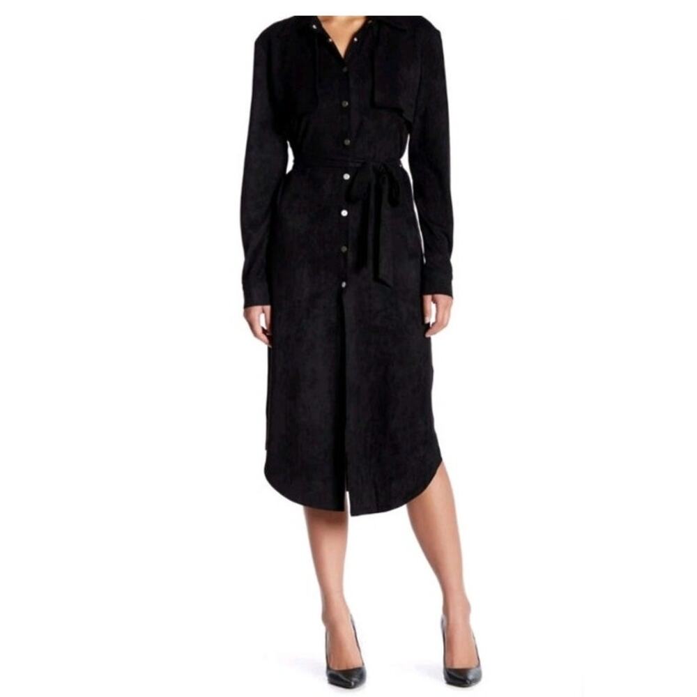 MAAC London Black Vegan Faux Suede Trench Coat Midi Dress Snap Button